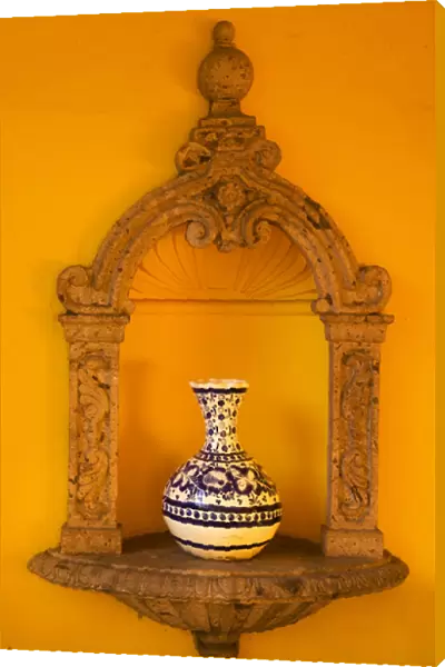 Yellow Adobe Wall, Blue White Mexican Vase, Guadalajara Mexico