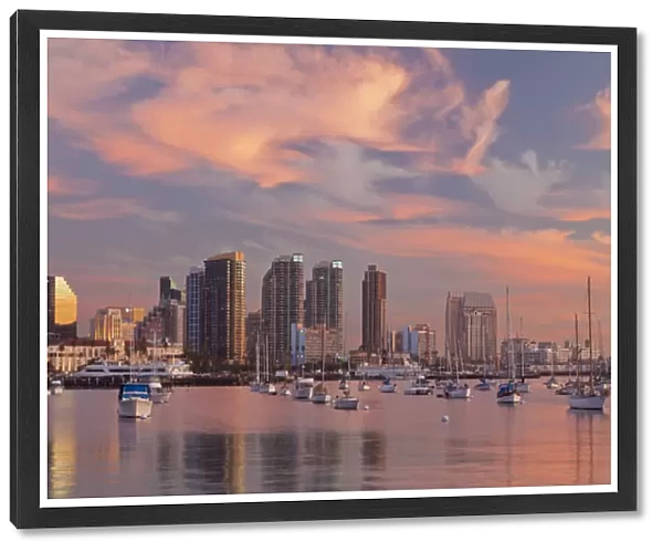 USA, California, San Diego. Sunset view of marina and downtown