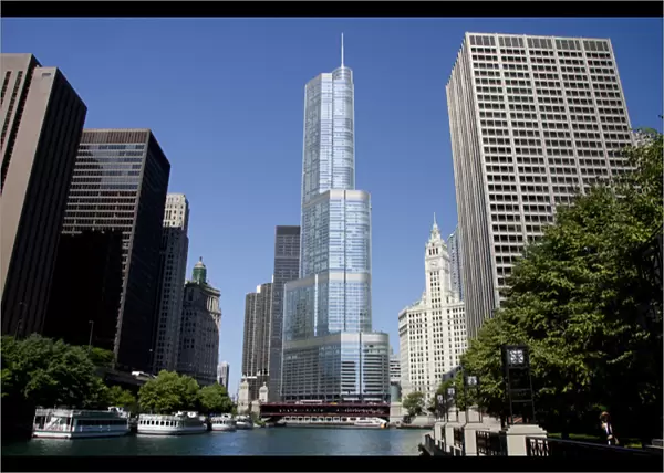 Illinois, Chicago. Canal view of downtown Chicagos Magnificent Mile skyline