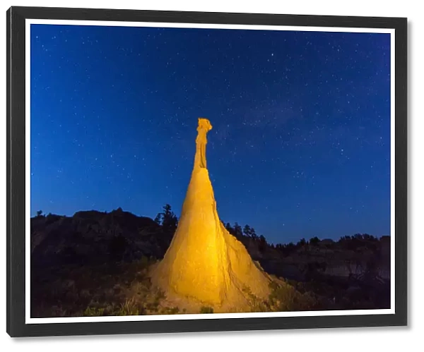 Caprock lit by flashlight in the Missouri River Breakns National Monument, Montana, USA
