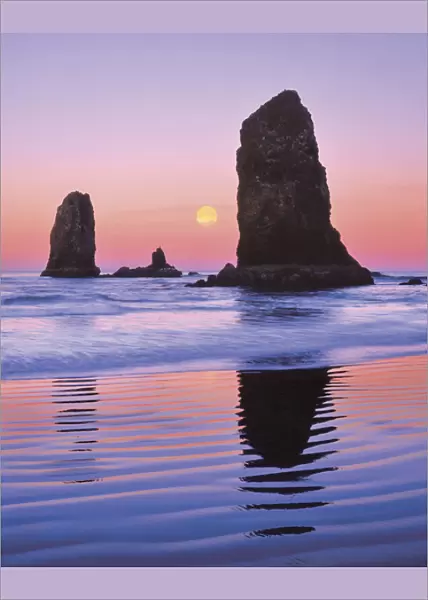 USA, Oregon, Cannon Beach. The Needles rock monoliths at sunrise showing moon at moonset