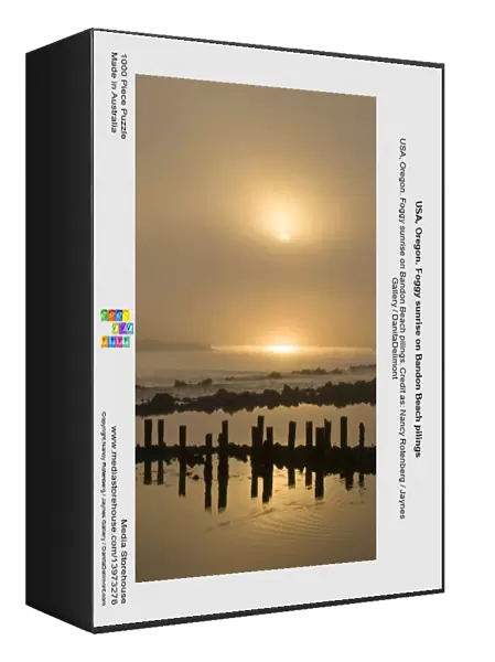 USA, Oregon. Foggy sunrise on Bandon Beach pilings