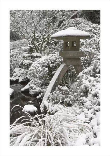 Snow-covered stone lantern, Portland Japanese Garden, Oregon