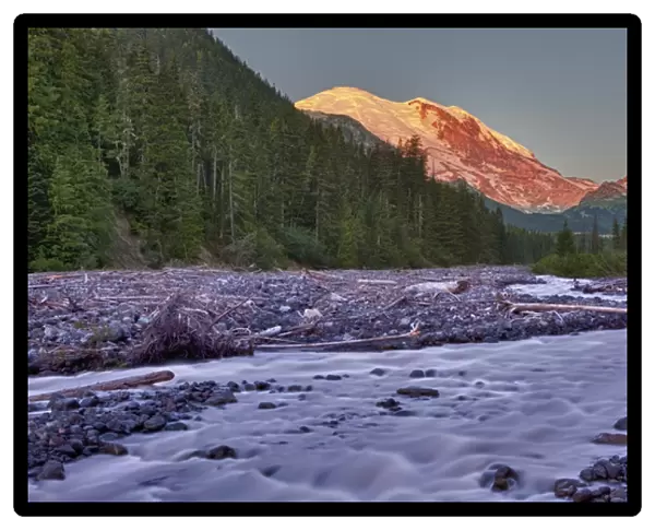 WA, Mount Rainier National Park, White River and Mount Rainier at sunrise