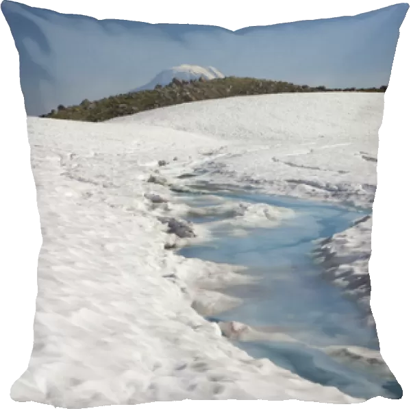 WA, Goat Rocks Wilderness, Melt water on snow and ice covered Goat Lake, with top