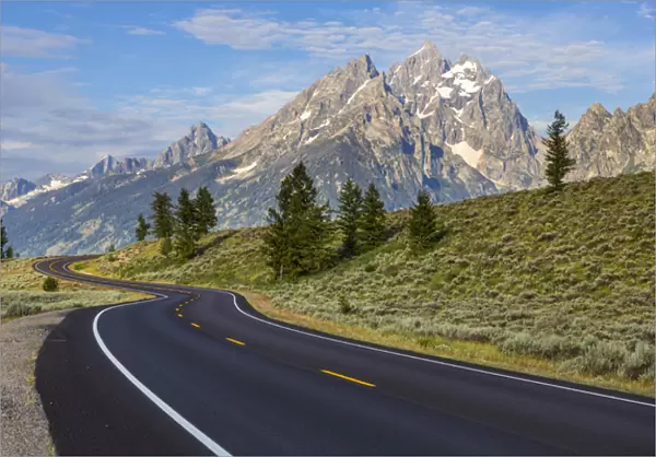 Empty paved roadway in Grand Teton National Park, Wyoming, USA