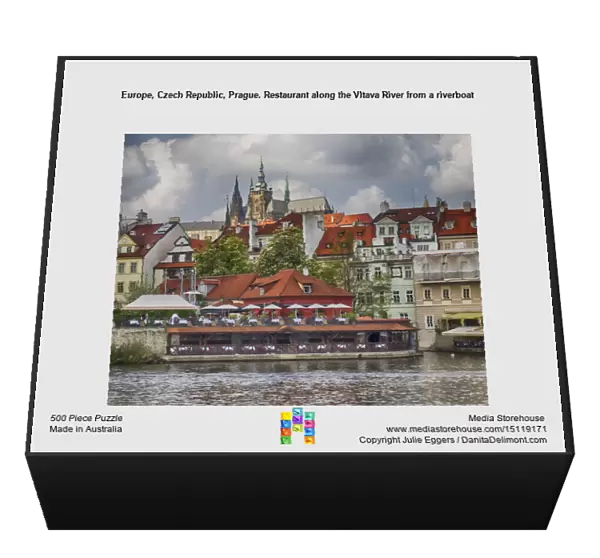 Europe, Czech Republic, Prague. Restaurant along the Vltava River from a riverboat
