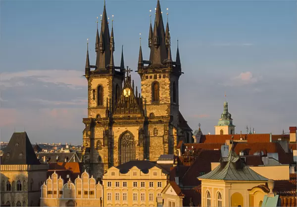 Europe, Czech Republic, Prague. Tyn Church, founded in 1385, dominates one side of