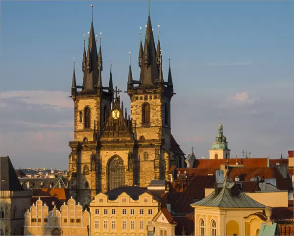 Europe, Czech Republic, Prague. Tyn Church, founded in 1385, dominates one side of