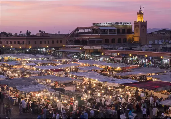 Africa, Morocco. Sunset over the famous Djemaa El-Fna square in Marrakech