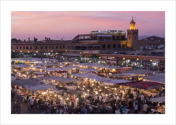 Africa, Morocco. Sunset over the famous Djemaa El-Fna square in Marrakech
