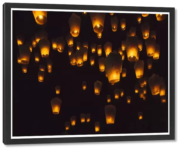 Night view of Sky Lanterns in the air during Chinese Lantern Festival, Shifen, Taiwan