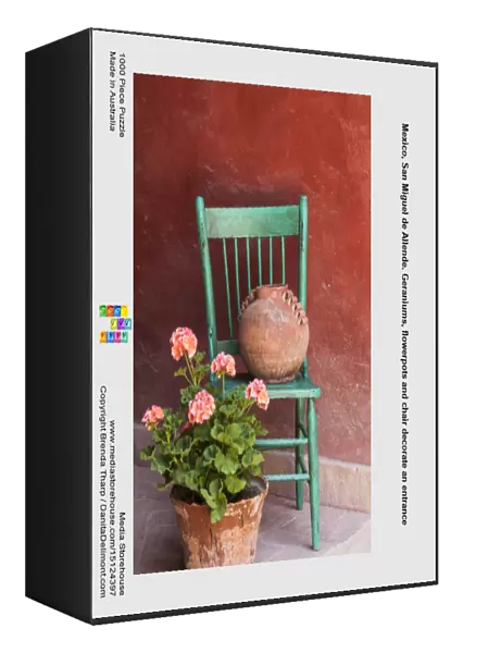 Mexico, San Miguel de Allende. Geraniums, flowerpots and chair decorate an entrance
