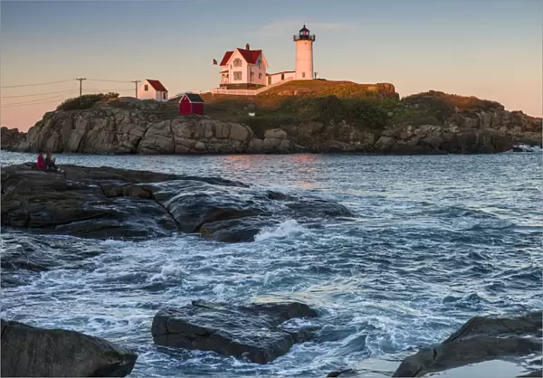USA, Maine, York, Nubble Light Lighthouse at dusk