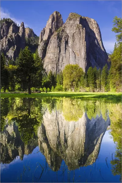 Cathedral Rocks reflected in pond, Yosemite National Park, California, USA
