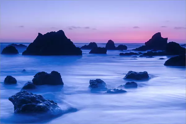 Sea stacks at dusk, El Matador State Beach, Malibu, California, USA