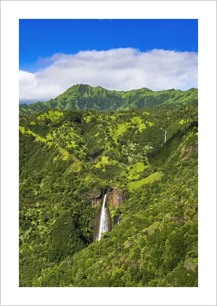 Manawaiopuna Falls (aerial) also known as Jurassic Park Falls, Hanapepe Valley, Kauai, Hawaii, USA