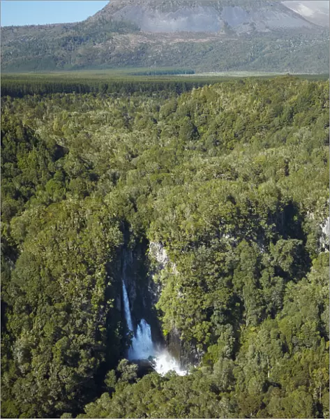 Tarawera Falls on Tarawera River, and Mount Tarawera Volcano, near Rotorua, North Island