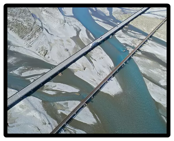 Road and rail bridges across Rakaia River, Rakaia, Mid Canterbury, South Island, New