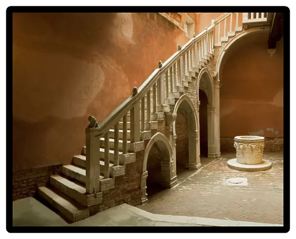 Italy, Venice. Courtyard and stairwell of Casa Goldoni