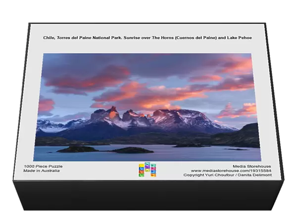 Chile, Torres del Paine National Park. Sunrise over The Horns (Cuernos del Paine) and Lake Pehoe