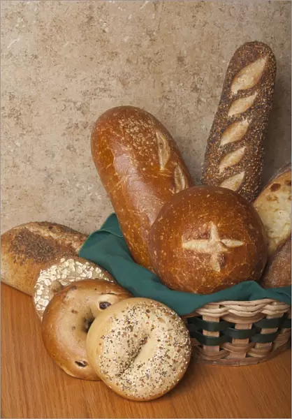 Variety of homemade breads. Sourdough bread bowl, sourdough loaf, three seed loaf