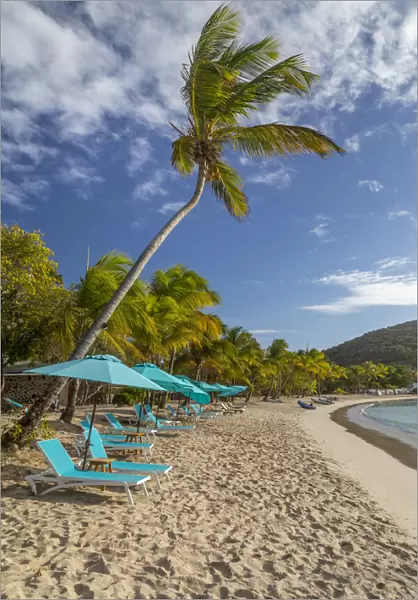 Caribbean, Grenada, Mayreau Island. Beach umbrellas and lounge chairs