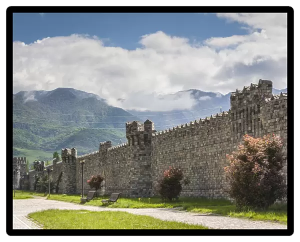 Azerbaijan, Ismayili. Old city walls and Caucasus Mountains
