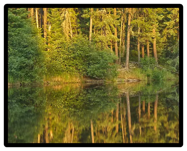 Canada, Ontario. Sunset on forest reflected in lake. Credit as
