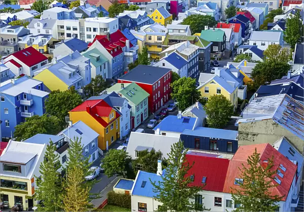 Colorful red green blue yellow Houses Cars Streets, Reykjavik, Iceland
