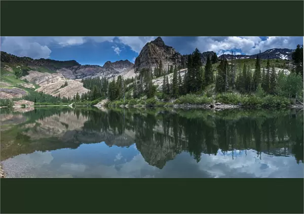 Panoramic landscape of Sundial Peak, Lake Blanche and reflection