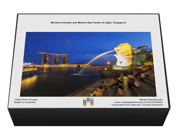 Merlion fountain and Marina Bay Sands at night, Singapore