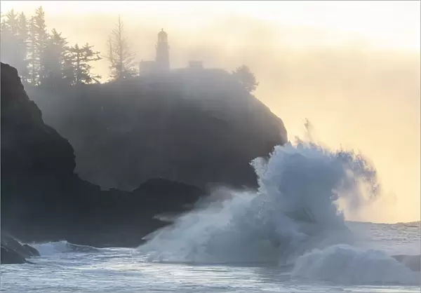 Washington State, Lighthouse and king tide surf, Cape Disappointment State Park