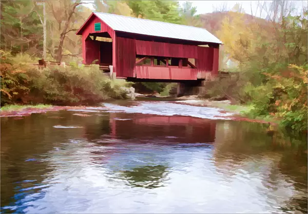 USA, Vermont. Abstract of covered bridge and stream