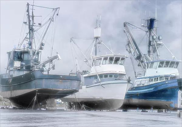 Alaska, Valdez. Fishing boats on dry dock. Artistic rendering
