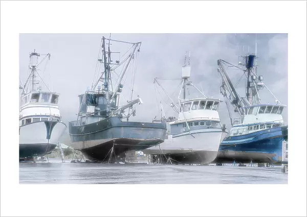 Alaska, Valdez. Fishing boats on dry dock. Artistic rendering