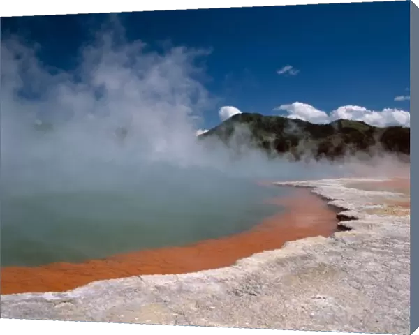 Steam rising from Champagne Pool at WAI-O-TAPU Thermal Area on the North Island of
