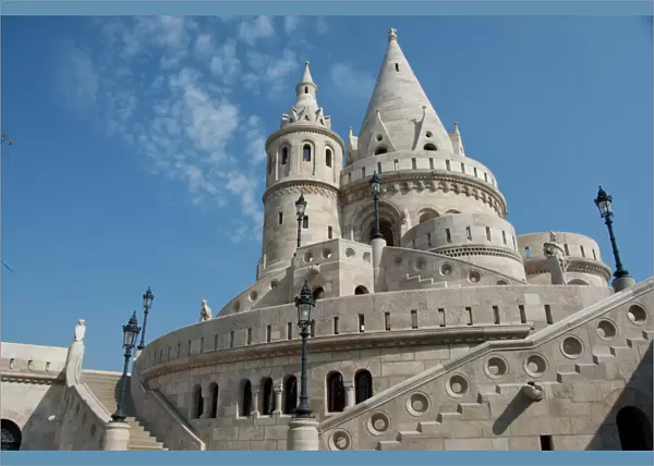 Hungary, capital city of Budapest. Buda, Castle Hill, castle towers of the Fishermens Bastion