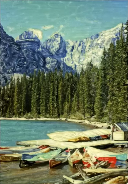 North America, Canada, Banff National Park, Moraine Lake. Canoes along Moraine Lake