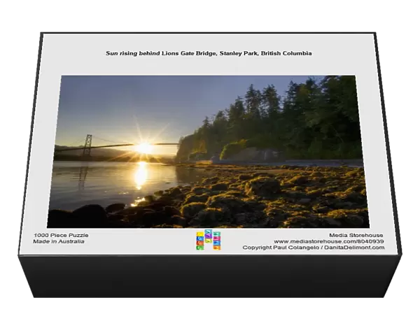 Sun rising behind Lions Gate Bridge, Stanley Park, British Columbia