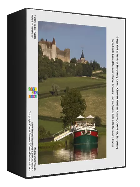 Barge tied to bank of Burgundy Canal, Chateau Neuf en Auxois, Cote d Or, Burgundy