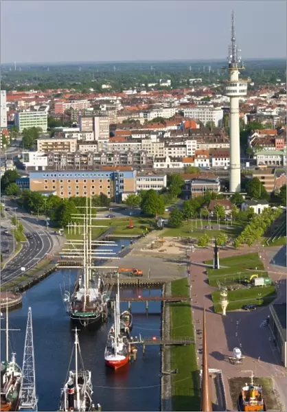 Germany, State of Bremen, Bremerhaven. Harbor view from Atlantic Sail City Building