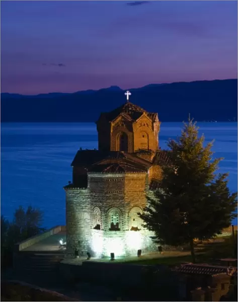 MACEDONIA, Ohrid. Sveti Jovan at Kaneo Church (13th century) and Lake Ohrid  /  Evening