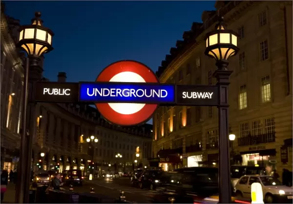 England, London. Underground Tube entrance at twilight