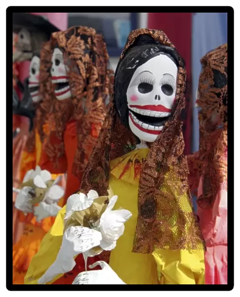Mexico. Skeletal Catrinas, figures celebrating Dia de Los Muertos