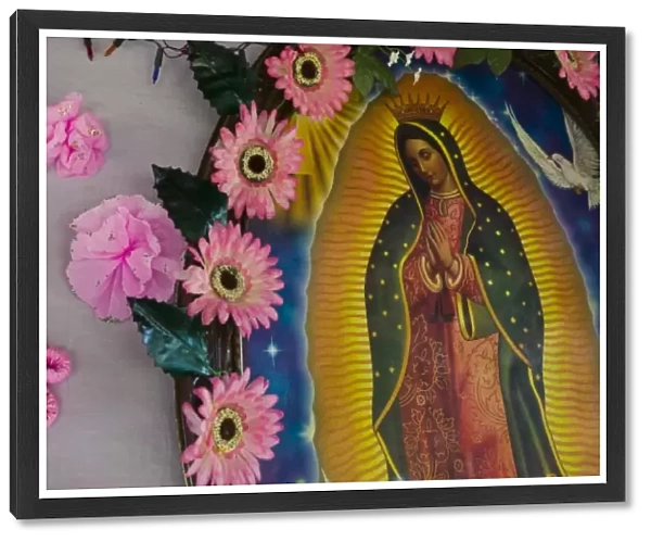 Mexico, Guerrero, Barra de Potosi. Detail of Small Virgin of Guadalupe shrine