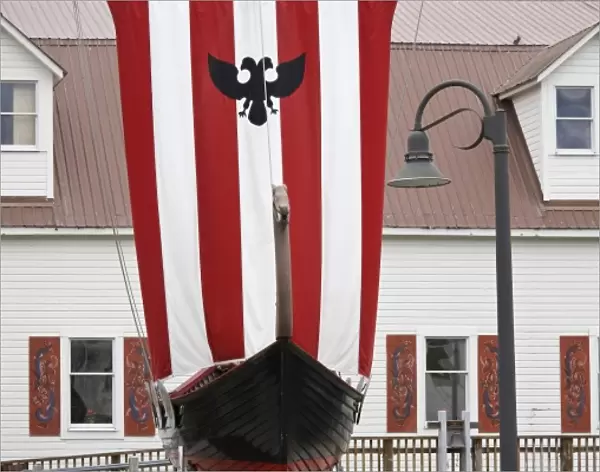 USA, Alaska, Petersburg. A model Viking ship in front of the Sons of Norway Hall
