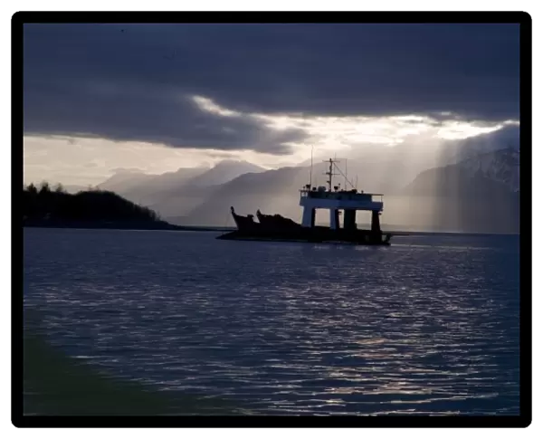 USA, Alaska, Icy Bay. Fishing boat returning home in evening light