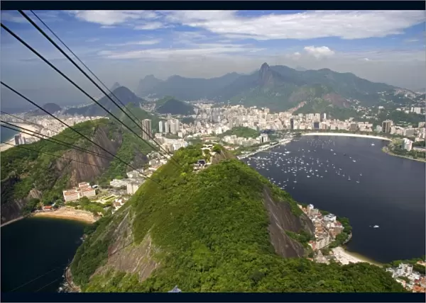 View of Rio de Janeiro from a cable car coming down Sugarloaf Peak, Brazil