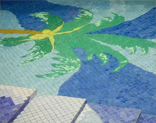 Swimming pool with decorative tiles of palm tree on bottom, Chabil Mar Villas, Placencia